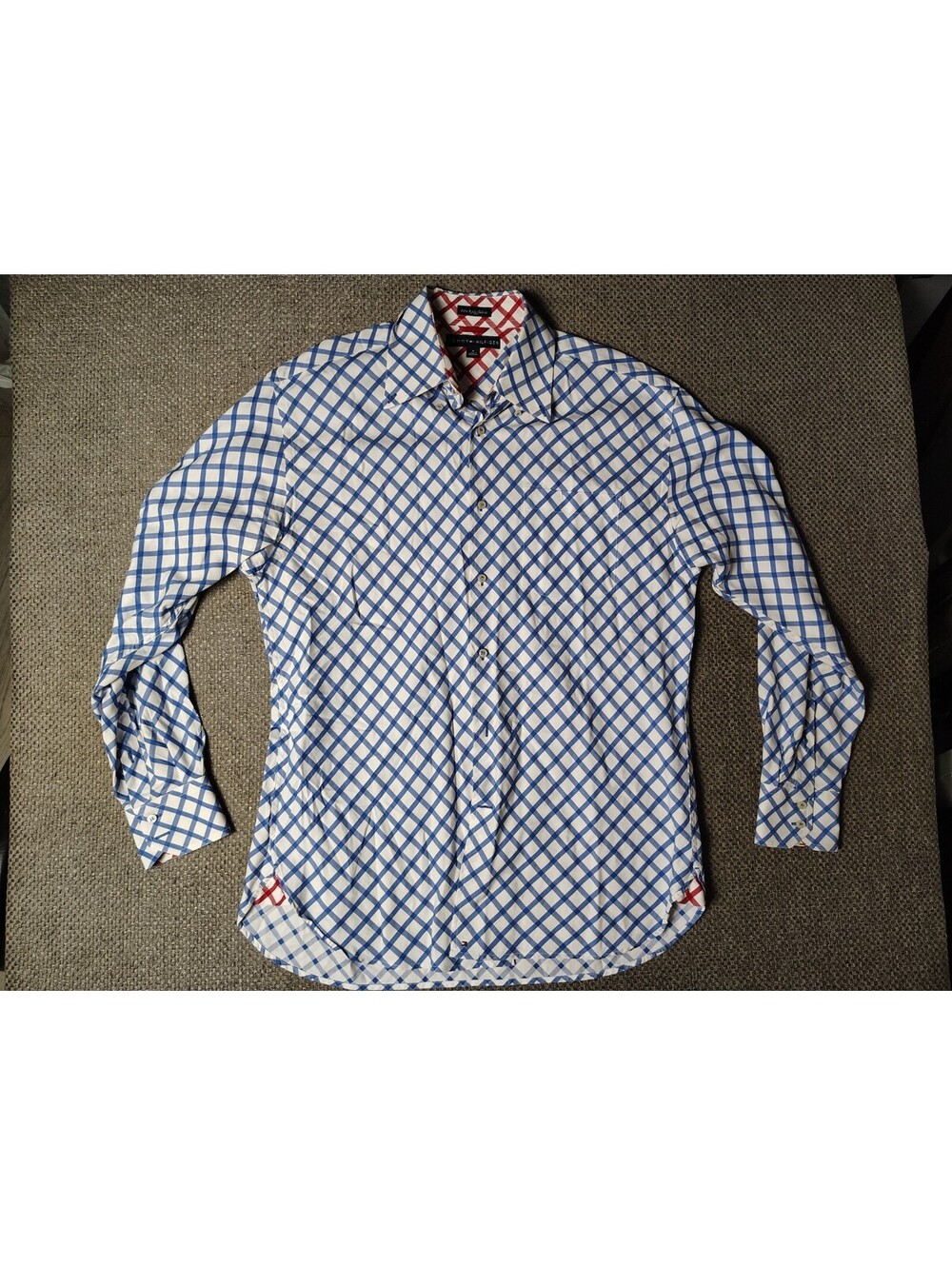 Tommy Hilfiger Men M Blue White Diagonal Plaid Dress Shirt 80s 2 Ply LongSleeve